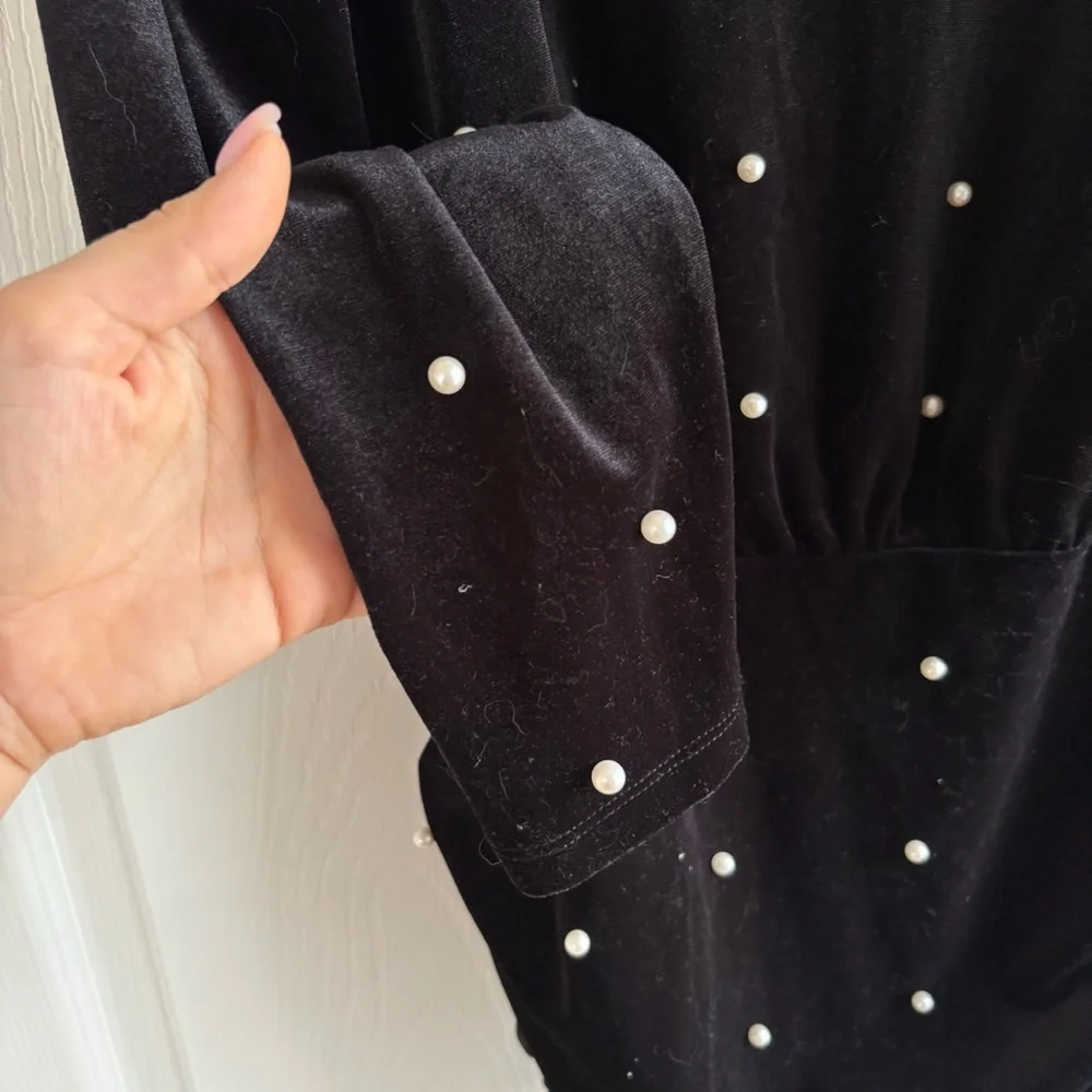 Eloquii Black White Pearl Embellished Bodycon Velvet Mini Dress 16 Long Sleeve - Picture 2 of 9